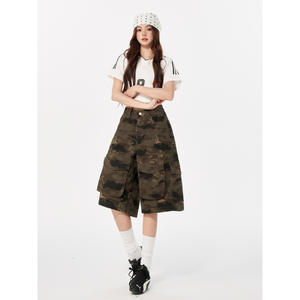 Short court polyvalent pour femmes, vêtement de travail ample à poches multiples, taille haute, jambe large, camouflage, coton à cinq points. - Product Image 6