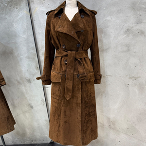 Abrigo Largo de Gamuza Marrón Oscuro con Doble Botonadura y Cinturón para <span class=keywords><strong>Mujer</strong></span>, Chaqueta de Cuero Genuino - Product Image 1