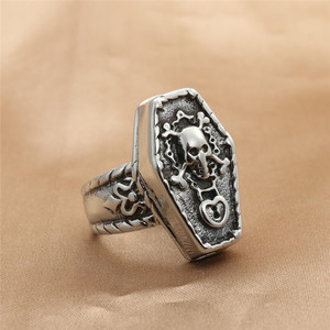 Men's Silver Skull Coffin <b>Ring</b> <b>Titanium</b> Steel Punk Style Retro Geometric Jewelry Gift - Product Image 1
