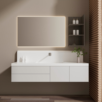 Tingkatkan kamar mandi Anda dengan Set rias terpasang di dinding menampilkan kabinet penyimpanan kayu atas akrilik mengambang desain Modern yang mudah dibersihkan