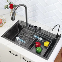 Support de couteau à affichage numérique bol simple 304 en acier inoxydable deux bandes coulissantes cascade volante évier de cuisine avec lave-gobelet