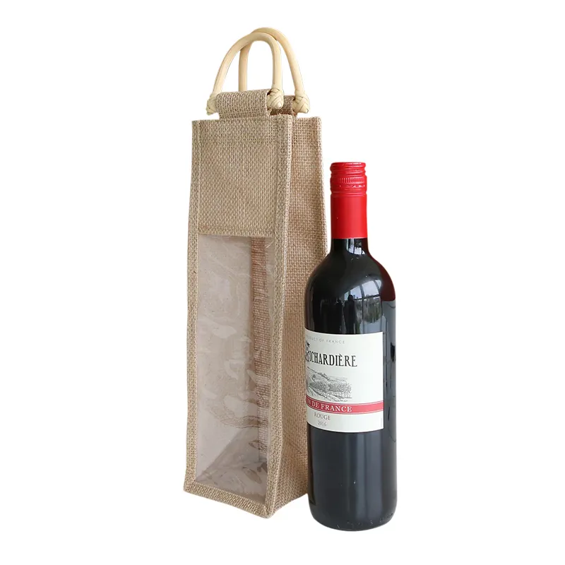 Gift Tote Bags Custom Logo Wine Bags Recyclable Beer Festival Present One Bottles Jute Bag With PVC Window