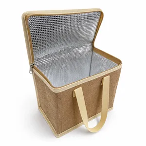 Custom Logo Reusable Large Capacity Thermal Insulated Burlap Tote for Outdoor Picnic Grocery Takeaway Lunch Jute Cooler Bag - Product Image 1