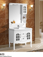 Meuble de salle de bain mural incurvé blanc brillant vintage personnalisé avec tiroirs de rangement, miroir et armoire latérale haute combinée