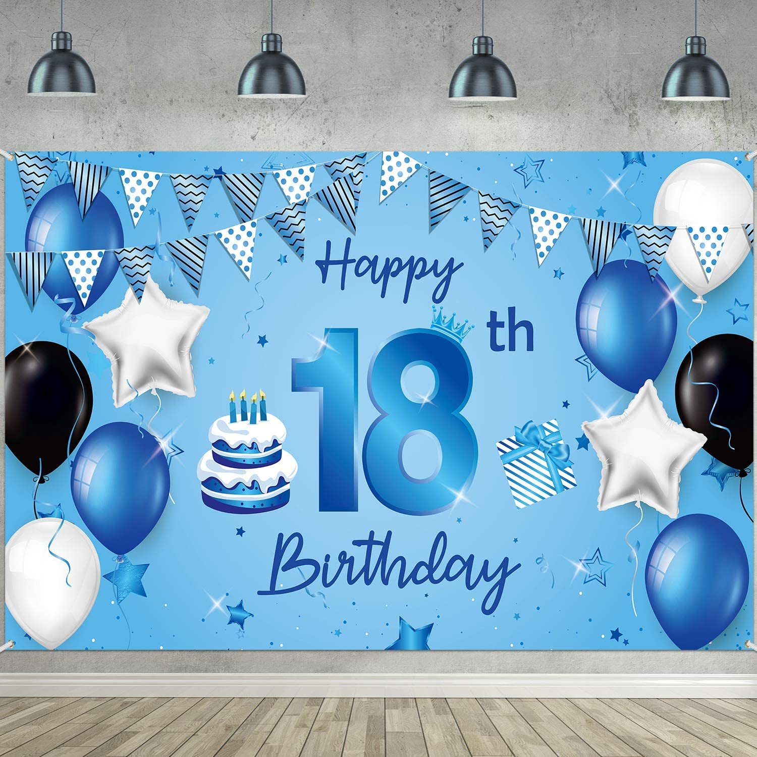 18 Décorations fête en Bleu Or,Deco Anniversaire 18 ans Bannières de Joyeux Anniversaire Fête Porche Signe Bannière pour 18 ans Décoration Homme Femme