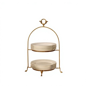 Support de rangement double niveau en fer forgé en forme d'arc pour vaisselle de cuisine, finition dorée, design empilable - Product Image 1