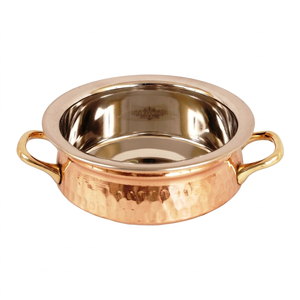 Bol de service traditionnel en cuivre doublé d'acier inoxydable avec poignées latérales en laiton pour la vaisselle indienne - Export B2B Inde - Product Image 1