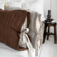 Housse de coussin en lin personnalisée avec fermeture à nœud papillon en ruban à carreaux, marron naturel, style ferme, pour la maison et l'hôtel