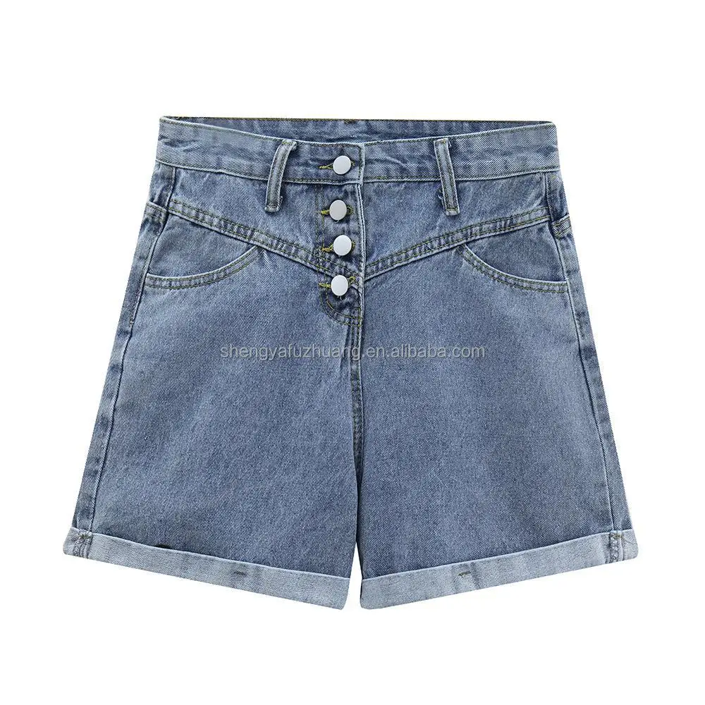 2022 fashion irregular tear hole elastic denim blue women's short jeans