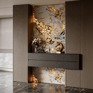 Credenza Moderna di Lusso MUJU per Camera da Letto con Luce LED, <span class=keywords><strong>Effetto</strong></span> <span class=keywords><strong>Marmo</strong></span>, 5 Cassetti, Impiallacciatura in Legno, Dettagli Dorati, Mobile Contenitore - Product Image 2