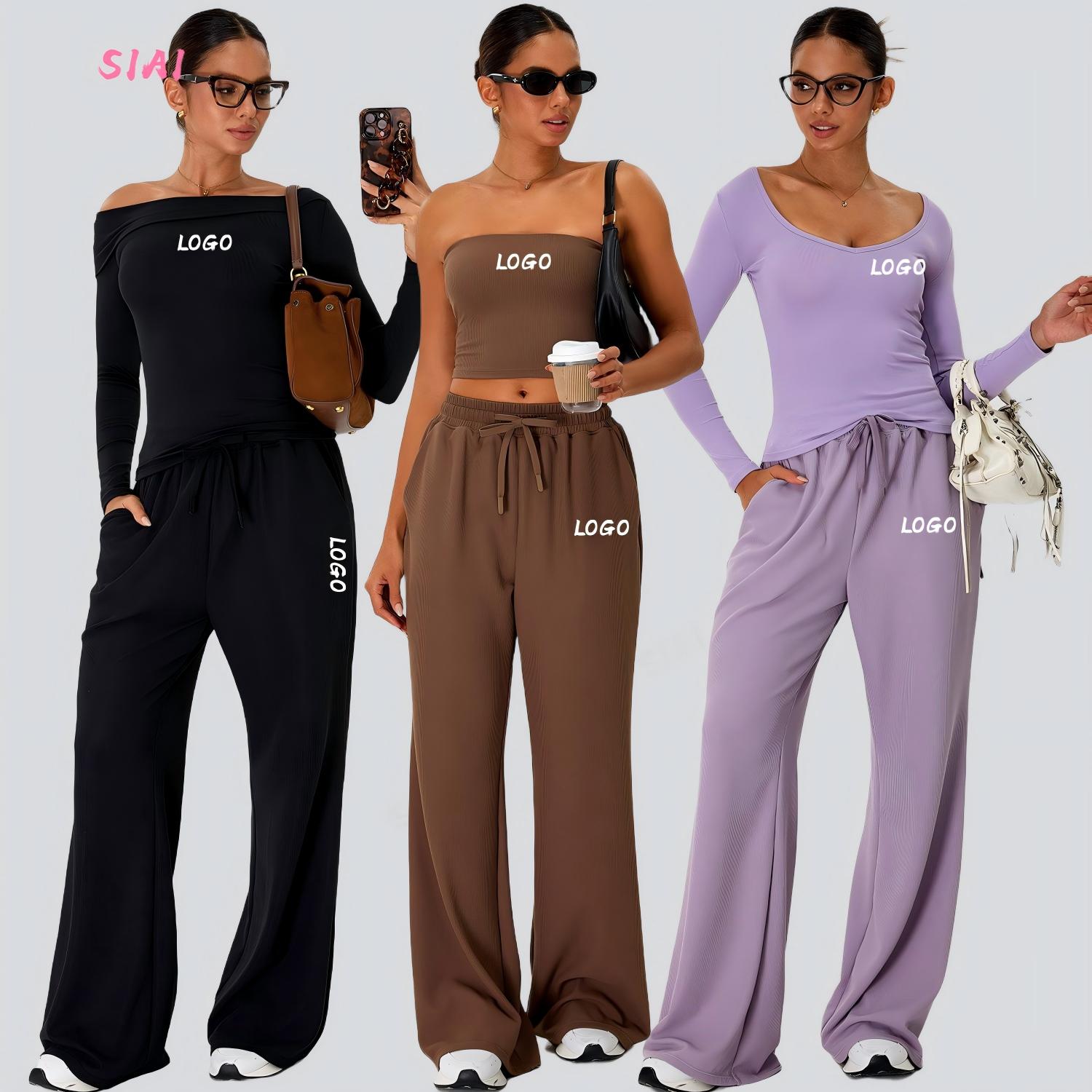 Customizable Women's Solid Autumn Yoga Set Sleeveless Quick-Dry T-Shirt Bralette Mid-Waist Sweatpants Running Eco-Friendly Front