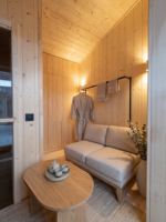 Sauna préfabriqué combiné, cabane de jardin modulaire, maison en bois avec porte vitrée, éclairage LED, maison en acier fabriquée sur mesure
