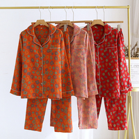 Ensemble de pyjama pour femmes à manches longues, vêtements de nuit, col rabattu, vêtements amples pour la maison, imprimé floral, vêtements de nuit pour femmes