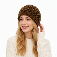 Bonnet d'hiver pour femme, tricoté main, épais, marron, motif popcorn, doux et chaud, avec revers côtelé, style décontracté, pour l'extérieur et le quotidien, OEM