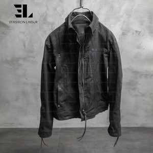 LARSUR Custom Factory Dirty Wash Cracked <strong>Wax</strong> Coated Denim <strong>Jacket</strong> Brush Mud Oil <strong>Truckers</strong> Motorcycle Jean <strong>Jacket</strong> - Product Image 3