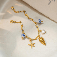 Bracelet en acier inoxydable avec breloques étoile de mer et coquillage, perles en céramique florales bleues, plaqué or 18K PVD, étanche, bijoux d'été
