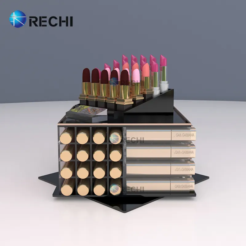 RECHI Factory Design Wholesale Furniture Countertop Rotating Acrylic Storage Display Box For Cosmetic Lipsticks Merchandiser