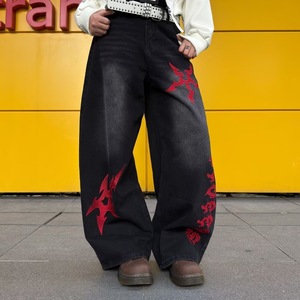 Black Embroidered Loose Fit Vintage <b>Wide</b> <b>Leg</b> Mid Rise Medium Wash Jeans <b>for</b> <b>Men</b> Streetwear Casual <b>Trousers</b> - Product Image 2