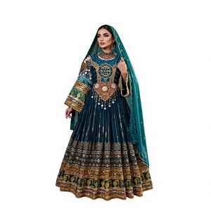 Robe longue en velours vert foncé brodée, col bijou, coupe trapèze, style bohème, manches longues, ornée de perles, tenue de soirée ethnique - Product Image 1