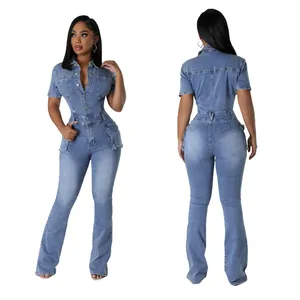 良質の女性のジーンズジャンプスーツスタンドカラー半袖とフレアパンツデニムジャンプスーツポケット付き2024