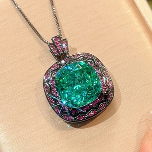 Fashion Eco-friendly Copper 14*14mm Green Zircon Pendant <b>Earrings</b> Ring <b>Set</b> Black Gold Plated Jewellery <b>Sets</b> for Women Bold Style - Product Image 5