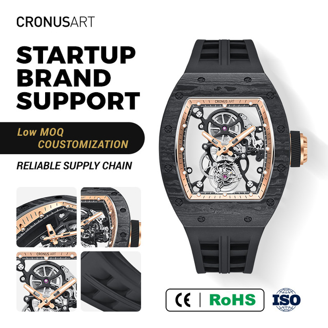 44mm Limited Edition Tourbillon Men's Mechanical Watch Carbon Fiber Tonneau Case, Black Rubber Strap Sporty Hip-Hop Style