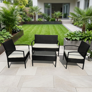 Juego de Muebles de Jardín de Ratán de Alta Calidad, Moderno y Premium, 4 Piezas, Estructura de Acero KD, Cojines Impermeables, para Patio, Terraza y Jardín - Product Image 1