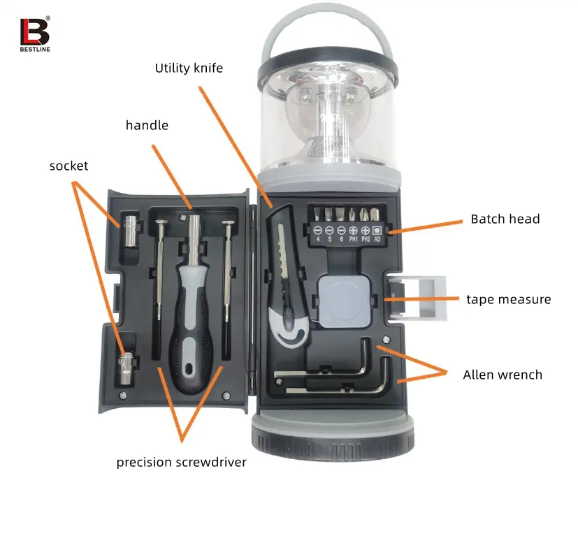 드라이버 세트가있는 LED 캠핑 도구 손전등, 야외 비상등 밝은 휴대용 조명 하드웨어 도구 세트