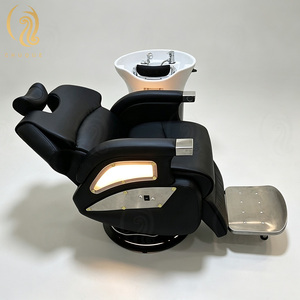 Chuque Fauteuil <span class=keywords><strong>de</strong></span> <span class=keywords><strong>coiffure</strong></span> moderne <span class=keywords><strong>de</strong></span> luxe en cuir, structure en acier inoxydable, résistant à l'eau, repose-pieds réglable en céramique, plateau multifonctionnel - Product Image 3