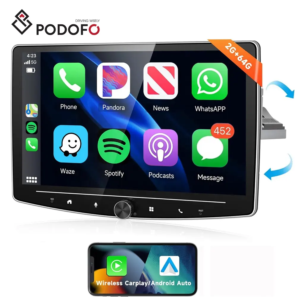Podofo 10.1 ''Roterende 1 Din Android Autoradio Stereo Draadloze Carplay Android Auto Gps Wifi Rds Hifi Auto Elektronica 1 32/2 64