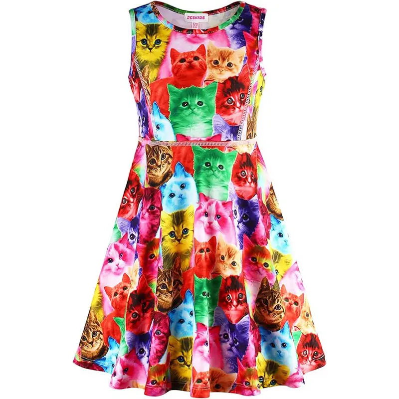Cute Cat Print Sleeveless Dress For Girls Wholesale Polyester Spandex Quick Drying Dresses Summer Casual Cool Fashion Clothing