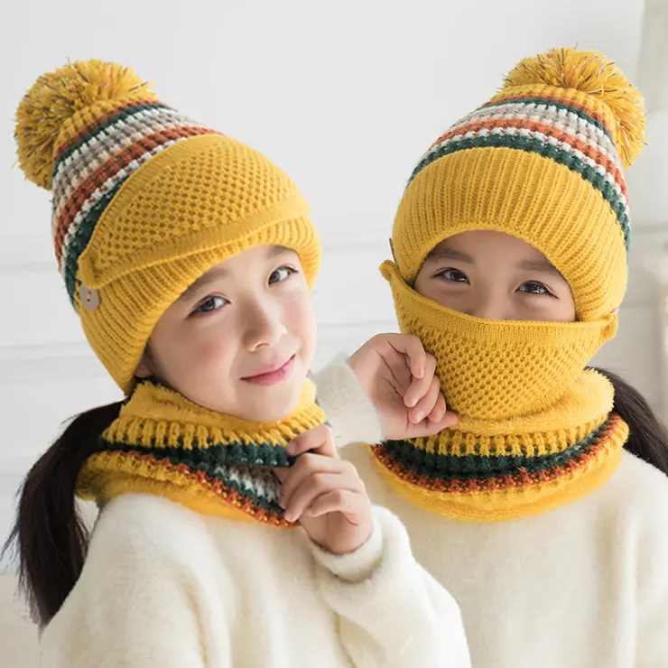الجملة 2020 الأطفال الفتيات الشتاء قبعات منسوجة قبعة صغيرة مع وشاح و غطاء للفم