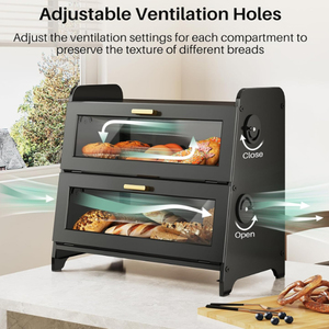 Scatola per il pane <span class=keywords><strong>in</strong></span> <span class=keywords><strong>legno</strong></span>-contenitore per il pane da cucina con tagliere <span class=keywords><strong>in</strong></span> bambù, quadranti regolabili per fori di sfiato, nero - Product Image 3