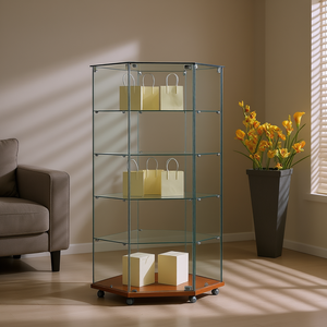 Vitrina Esquinera Moderna de Vidrio Templado 68x68x180cm con 4 Estantes, Puerta con Cerradura y Base con Ruedas para Sala de Estar - Product Image 3