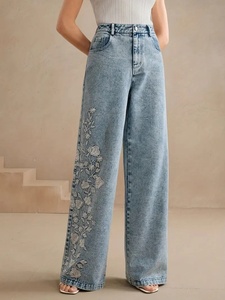 Nouveau <span class=keywords><strong>Jean</strong></span> en Denim Extensible Taille Haute Amincissant Brodé pour <span class=keywords><strong>Femme</strong></span> Grande Taille Printemps-Automne – Pantalon Droit Décontracté Tendance - Product Image 1