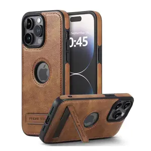 Retro Luxo Handmade Costura PU Couro Phone Case com Suporte Shockproof Kickstand Couro Case para iPhone 15 Pro Max Capa