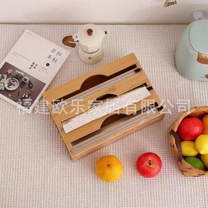 Minimalist wall-mounted bamboo and <b>wood</b> kitchen foil storage box with concealed <b>slicing</b> knife and two-way cling film cutter, - Product Image 2