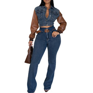 High Quality New PU Denim Splicing Stretch <b>Pants</b> Set for Women Fashion - Product Image 2