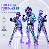Costume de robot miroir avec casque LED, visière néon argentée, combinaison intégrale, pour scène, DJ, homme, danse, gants, tenue de fête futuriste