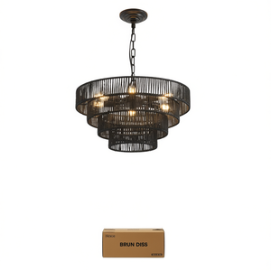 Lustre suspendu Brun Diss 20 pouces à 4 niveaux en corde de chanvre noire, fait main, avec ampoule E12, pour salle à manger - Product Image 1