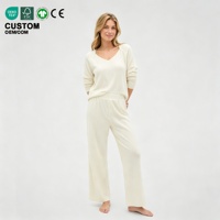 Ensemble de pyjama 2 pièces pour femme, haut en maille ajourée et pantalon large, tenue d'intérieur douce toutes saisons, vêtements de nuit, personnalisation OEM ODM