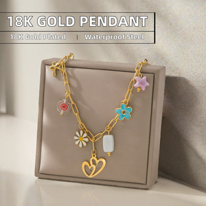 18K Gold Plated Stainless Steel Charm Pendant Necklace Waterdrop Shell <b>Heart</b> Flower Link Chain for Women Gift R - Product Image 2