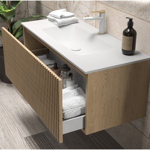KDS-100L Kamalu 100cm con rivestimento in rovere a coste mobile da bagno con lavabo in ceramica tipo prodotto di vanità - Product Image 2