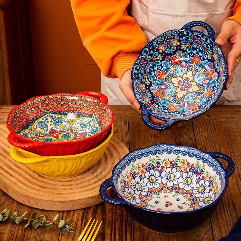 L 1L Sichere Keramik-Suppenschüssel mit geprägtem Design im Bohemian-Stil mit Griff, mikrowellengeeignet zum Servieren von Suppen, Salaten, Ramen und Nudeln| Alibaba.com