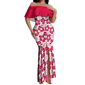 Custom ized On Demand Große 8XL Fischschwanz Kleider Blumen und Pflanzen 3D-Druck Red Rüschen Off Shoulder Split Meerjungfrau Kleid