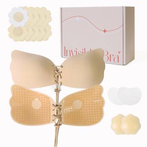 Soutien-gorge adhésif push-up invisible sans bretelles et sans armatures pour <span class=keywords><strong>femme</strong></span>, avec couvre-tétons adhésifs, forme ailée unie à lacets - Product Image 1