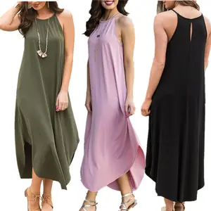 Beach Summer Dress New Women Sleeveless Sexy Causal Long Maxi Robe Vestidos Loose Plain Spaghetti Strap Cotton Tee Shirt Dress