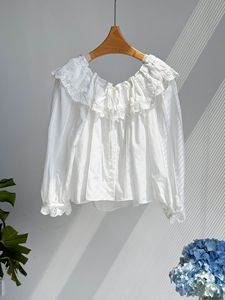 Blusa blanca francesa vintage romántica de encaje pesado con volantes para mujer, blusa holgada de manga larga con protección solar - Product Image 1