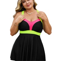 Maillot de bain une pièce color-block à col en V pour femmes européennes et américaines grandes tailles, avec design amincissant dissimulant le ventre, durable
