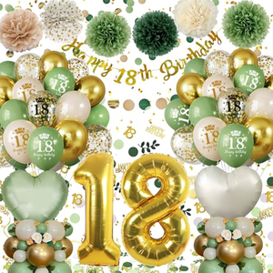 <strong>18th</strong> <strong>Birthday</strong> <strong>Party</strong> <strong>Decorations</strong> Green Gold Rubber Number-Shaped Balloons and Banner with Confetti for Girls and Boys - Product Image 1
